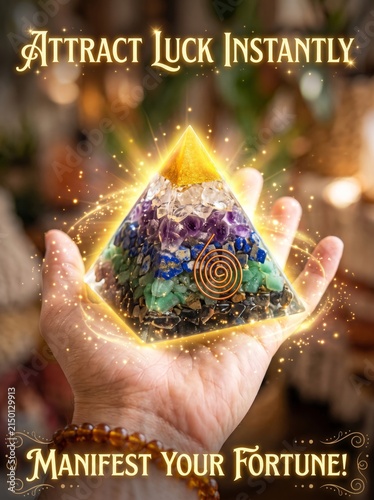 Hand holding an orgone pyramid for energy and meditation enhancement in a serene environment