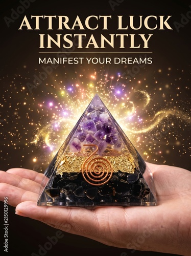 A person grasping an orgone pyramid crystal promoting energy flow and manifestation abilities