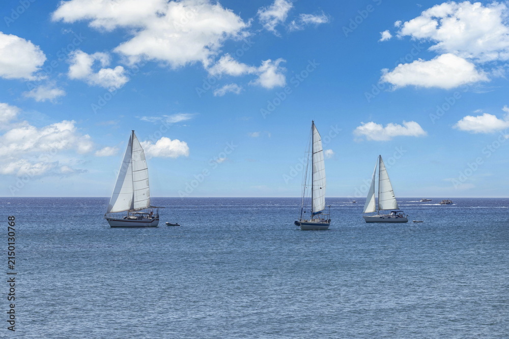 Fototapeta premium Serene white sailboats cruising deep blue open sea calm enjoy summer horizon clouds. Nautical adventure travel freedom lifestyle scene. Ocean voyage sailing scenic landscape backdrop, outdoor activity