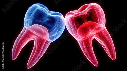 3D anatomy render of impacted wisdom teeth glowing in blue and red colors, showcasing dental structure and detail