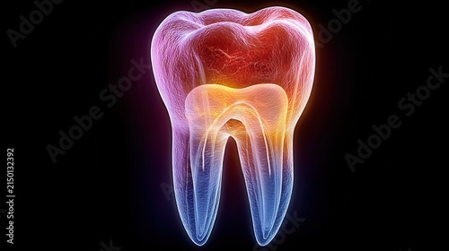 3D anatomy render of impacted wisdom tooth glowing with vibrant colors, showcasing intricate details and structure