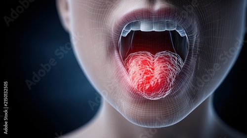 Digital render of oral cancer lesion glowing in human mouth, showcasing irregular patterns and textures, emphasizing health concerns