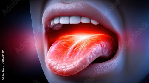 Oral cancer lesion glowing in mouth with visible tongue and teeth, illustrating health concerns and medical conditions