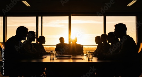 Silhouetted business meeting faces sunlight streaming through a window