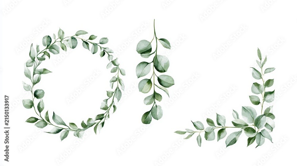 Fototapeta premium Watercolor eucalyptus leaves wreath and corner frame isolated on white background