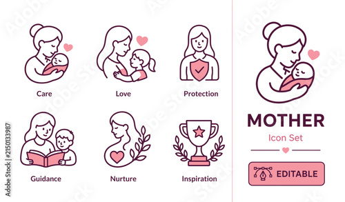 Mother Icon Set with Care, Love, Protection, Guidance, Nurture and Inspiration Illustrations