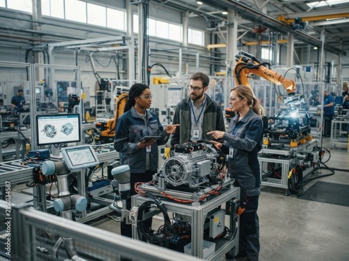 An electric engine autonomous manufacturing plant equipped with robotic arms hosts a discussion among diverse specialists about modern machinery production, with an industrial engineer, designer, and