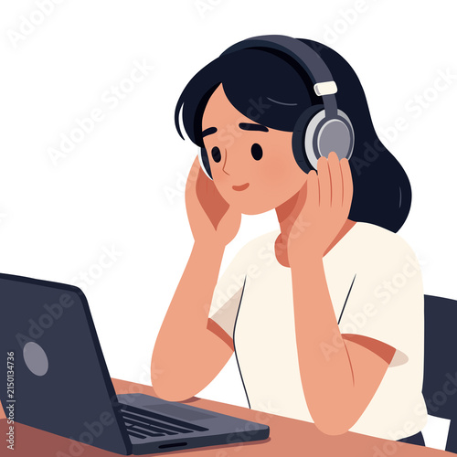 Woman wearing headphones listening to music while using a laptop, modern digital lifestyle illustration