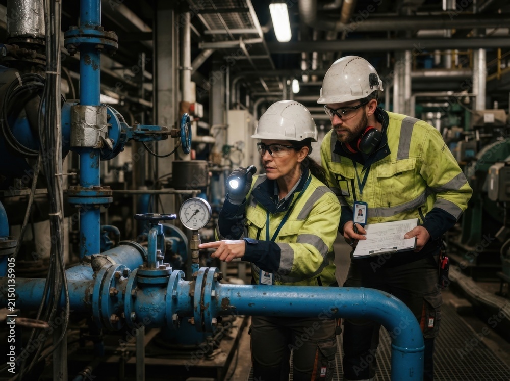 Fototapeta premium Two engineers wearing safety equipment scrutinize blue industrial pipes in a poorly lit maintenance zone, underscoring their technical inspection duties