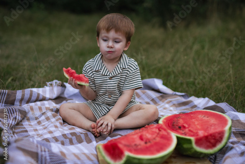 Cute little boy sitting on picnic blanket and eating juicy watermelon slice