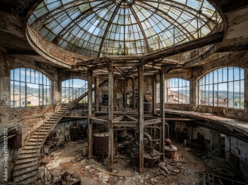 Italian abandoned distillery tower – a circular industrial structure featuring a glass dome, steel beams, panoramic windows, a deteriorating factory interior, urban exploration vibes, and