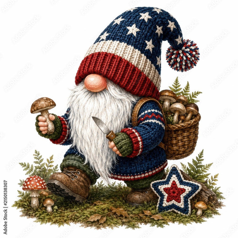 Fototapeta premium A whimsical gnome dressed in patriotic knitwear gathers mushrooms in a forest, holding a knife and basket full of fungi.