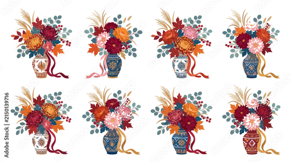 Fototapeta premium Vibrant collection of autumnal floral vector arrangements featuring chrysanthemums inside elegant ornate ceramic porcelain flower vases