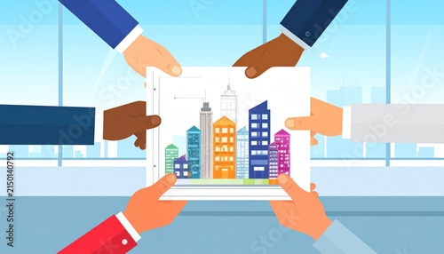 Diverse hands holding cityscape drawing together.