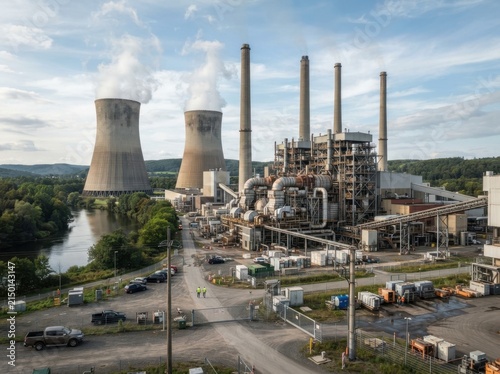 Contemporary power station featuring cooling towers and chimneys