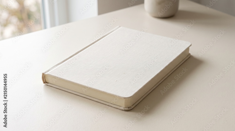 Fototapeta premium Minimalist aesthetic closed notebook mockup with a clean fabric cover on a light beige desk surface for creative writing or journaling