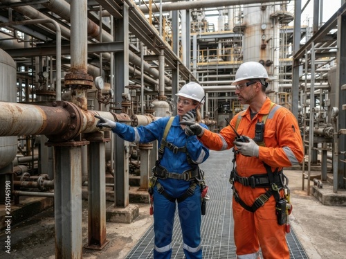 Two engineers wearing protective gear use radios to direct attention to the plant’s structural parts, coordinating inspections, safety checks, and operational oversight