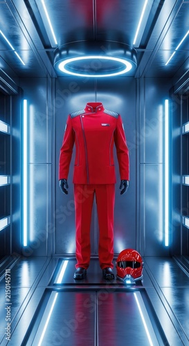 Vibrant red uniform with a helmet positioned within a high-tech containment chamber featuring glowing blue lights and metallic architecture, rendering, sci-fi, armor