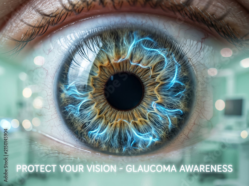 Human eye with blue digital diagnostic scanner grid for glaucoma awareness