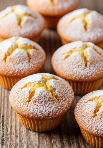 A close-up shot of freshly baked golden brown muffins dusted with a thin layer of white powdered sugar on a rustic wooden background, fluffy, bakery, culinary