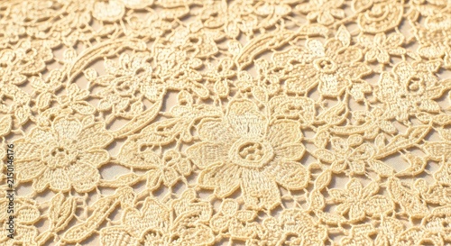 A close-up view of delicate ivory lace featuring an intricate interwoven floral pattern bathed in soft golden light for beautiful backdrops, delicate, romantic, craftsmanship