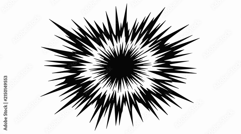 Obraz premium Abstract monochrome radial burst graphic featuring sharp jagged spikes extending from central black core with spikes radiating outward displays high contrast