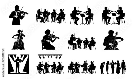 Set of black and white showing orchestral musicians and instruments for music education and classical concert projects