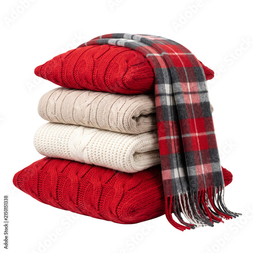 Cozy Stack Of Knitted Pillows and Plaid Scarf, Warm Winter Home Decor Isolated