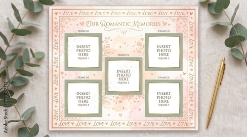 Romantic scrapbook template mockup on textured background with green leaves and a pen