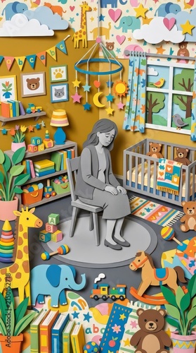 Postpartum depression and motherhood mental health, sad mother in nursery, papercraft art, exhaustion and parenting stress, baby anxiety, loneliness and overwhelmed feeling, conceptual illustration.