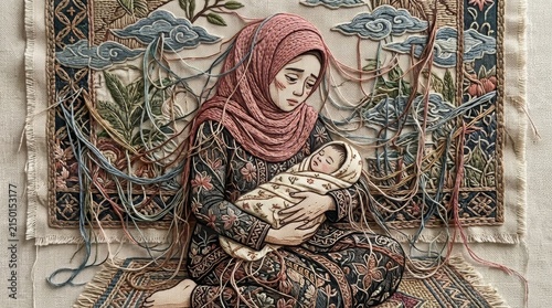 An embroidered textile artwork shows a mother in a hijab holding her newborn while tangled threads surround her body. The threads symbolize postpartum depression, intrusive thoughts, emotional burden,