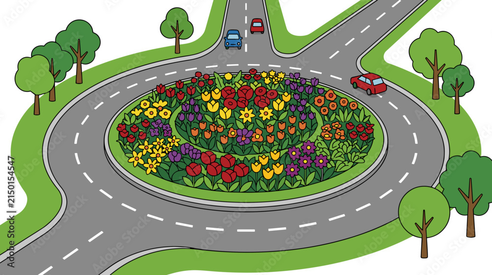 Fototapeta premium Colorful flower bed in road roundabout landscaped urban traffic island concept of city beautification