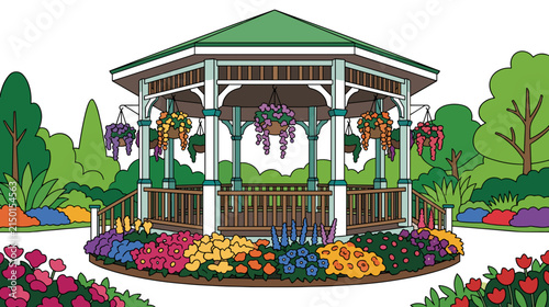 Park bandstand surrounded by colorful flowers and landscaped gardens concept of public recreation