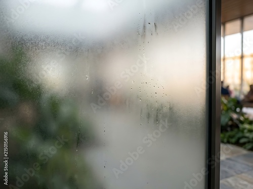 Condensation water droplets on foggy glass window pane with condensation droplets moisture