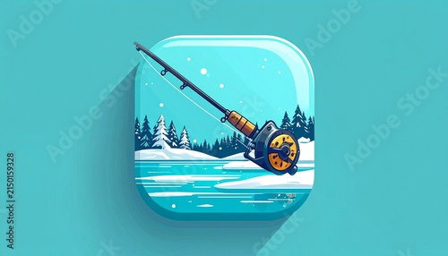 Winter Fishing Scene Flat Design App Icon.