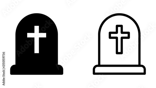 Foto Tombstone Icons: A pair of tombstone icons, one solid black and the other outlined, both featuring a prominent cross, symbolizing remembrance and eternal rest