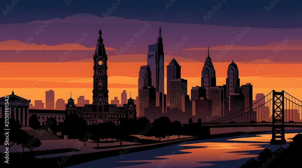 Naklejka premium Stylized vector illustration of the Philadelphia city skyline at sunset over the Schuylkill River