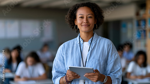 happy teacher wearing lanyard using tablet in vibrant classroom education teaching