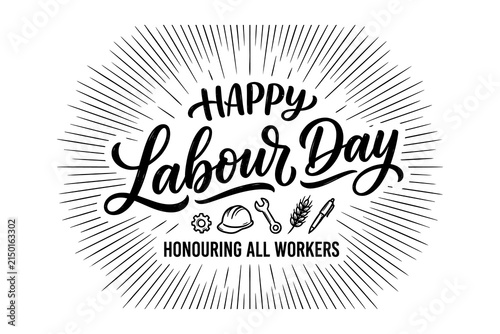 A black and white vintage style graphic design celebrating labour day with decorative sunburst lines and icons representing various professions and manual labor