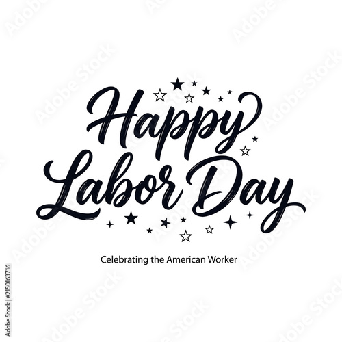 A stylish and elegant black calligraphy text design wishing a happy labor day decorated with small stars on a clean white background surface