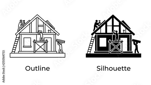 Construction Icons: Outline and silhouette illustrations depict a house being constructed, with figures working on the roof and carrying materials.