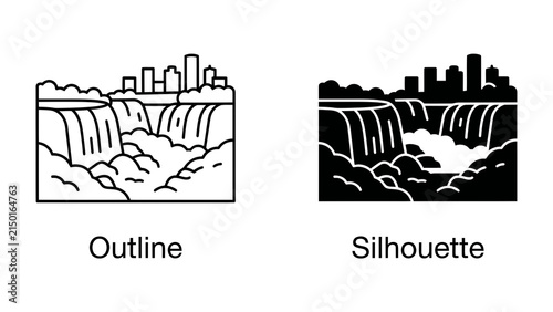 Niagara Falls Icon: Iconic representation of Niagara Falls in both outline and silhouette style, showcasing the majestic waterfall and cityscape.