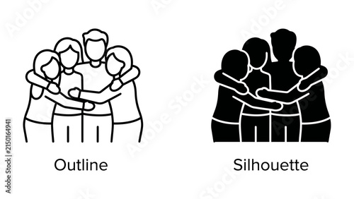 Bild auf Leinwand Unity and Connection: Two stylized illustrations, one in outline and the other in silhouette, depict a group of people embracing, symbolizing friendship, community, and shared support
