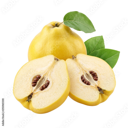 Whole and Halved Quince Fruits with Leaves, Isolated