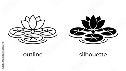 Water Lily Icon: An elegant water lily design presented in both outline and silhouette styles, showcasing the delicate beauty of the aquatic plant with its floating leaves.