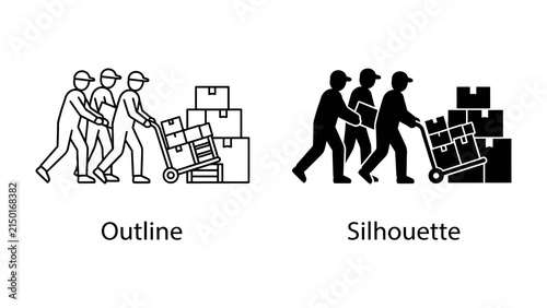 Movers with Cart and Boxes: A set of line art and silhouette illustrations depicting a team of movers pushing a cart laden with stacked boxes, representing the logistics and labor of moving goods.