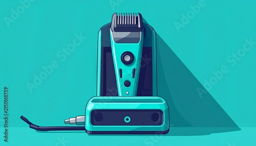 Modern Electric Shaver with Charging Dock on Teal Background.