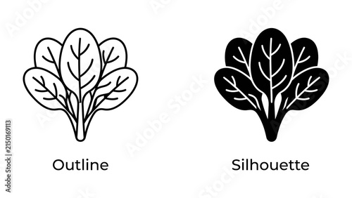 Spinach Leaves: Simple line art and a bold silhouette graphic represent a cluster of fresh spinach leaves, symbolizing healthy eating and natural ingredients.