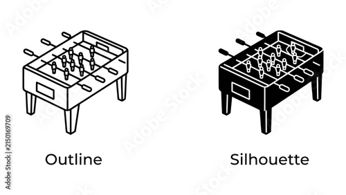 Foosball Table Outline and Silhouette: Two isometric views of a foosball table, one rendered as a clean outline and the other as a solid silhouette, perfect for graphic design and gaming themes.