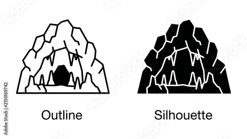 Foto Cave Outline and Silhouette: Two stylized depictions of a cave, one as a simple outline and the other as a solid silhouette, showcasing the entrance and interior formations